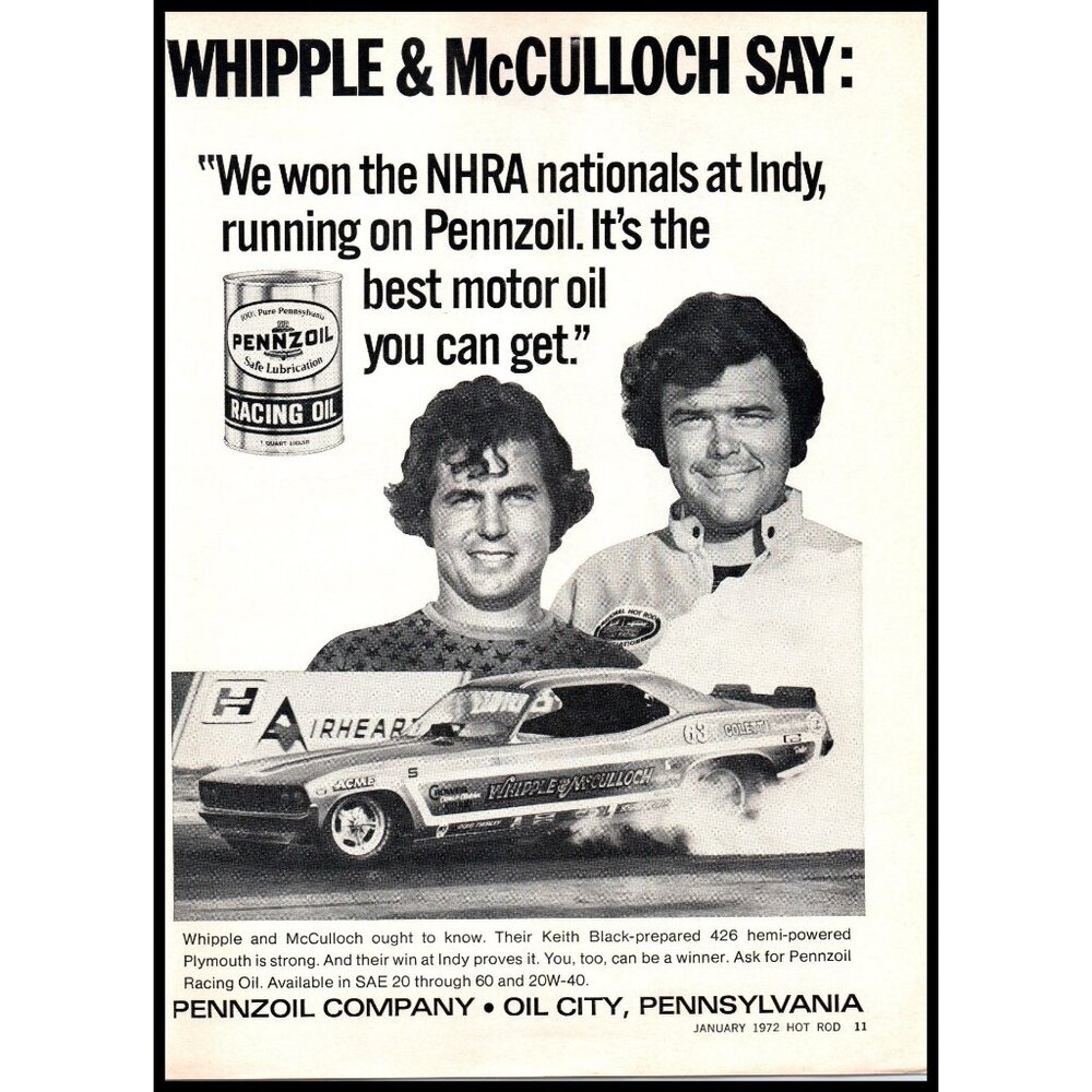 1972 Pennzoil Racing Motor Oil Vintage Print Ad Whipple McCulloch NHRA Wall Art
